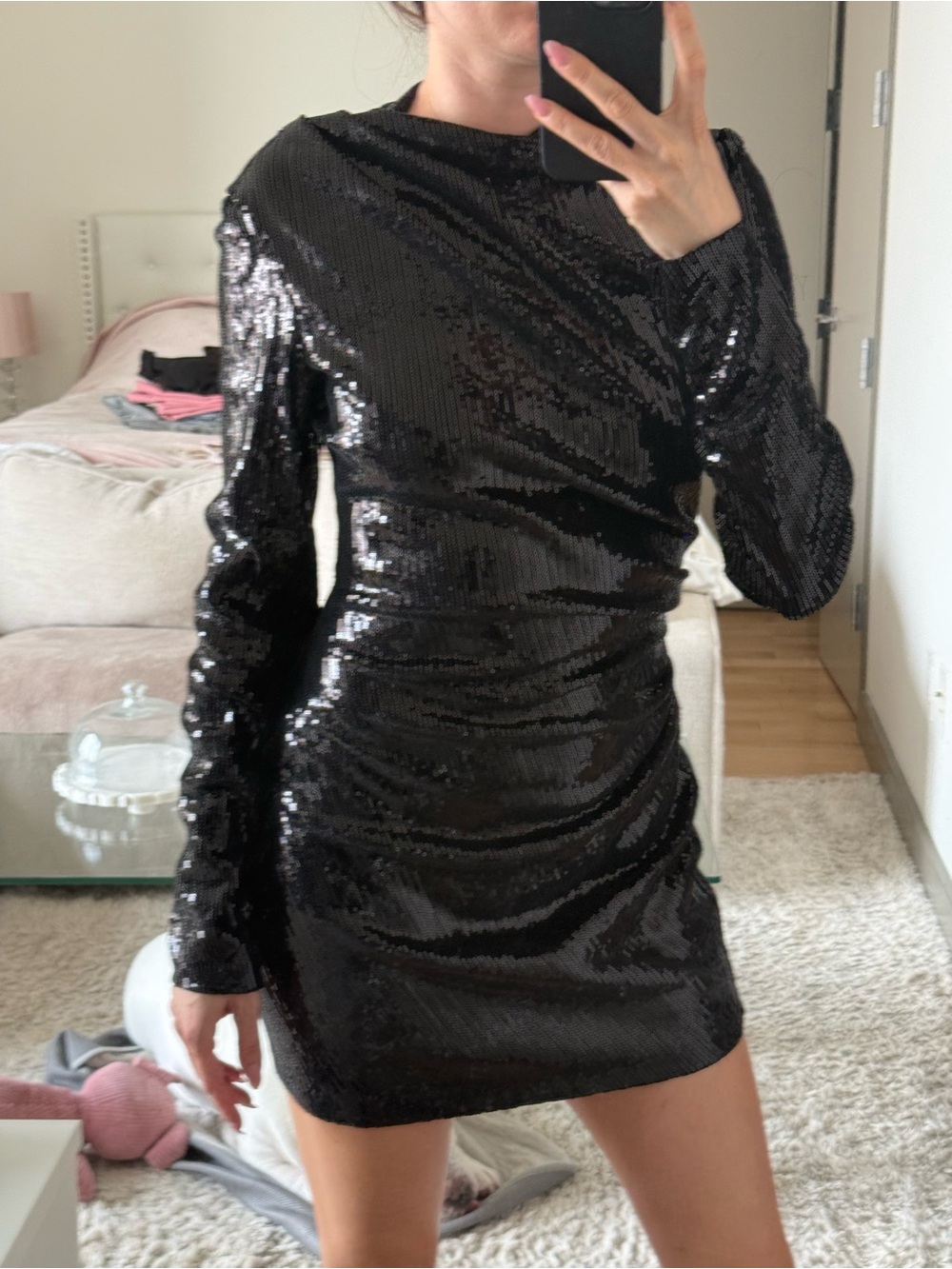 Black Sequin Long-Sleeve Mini Dress